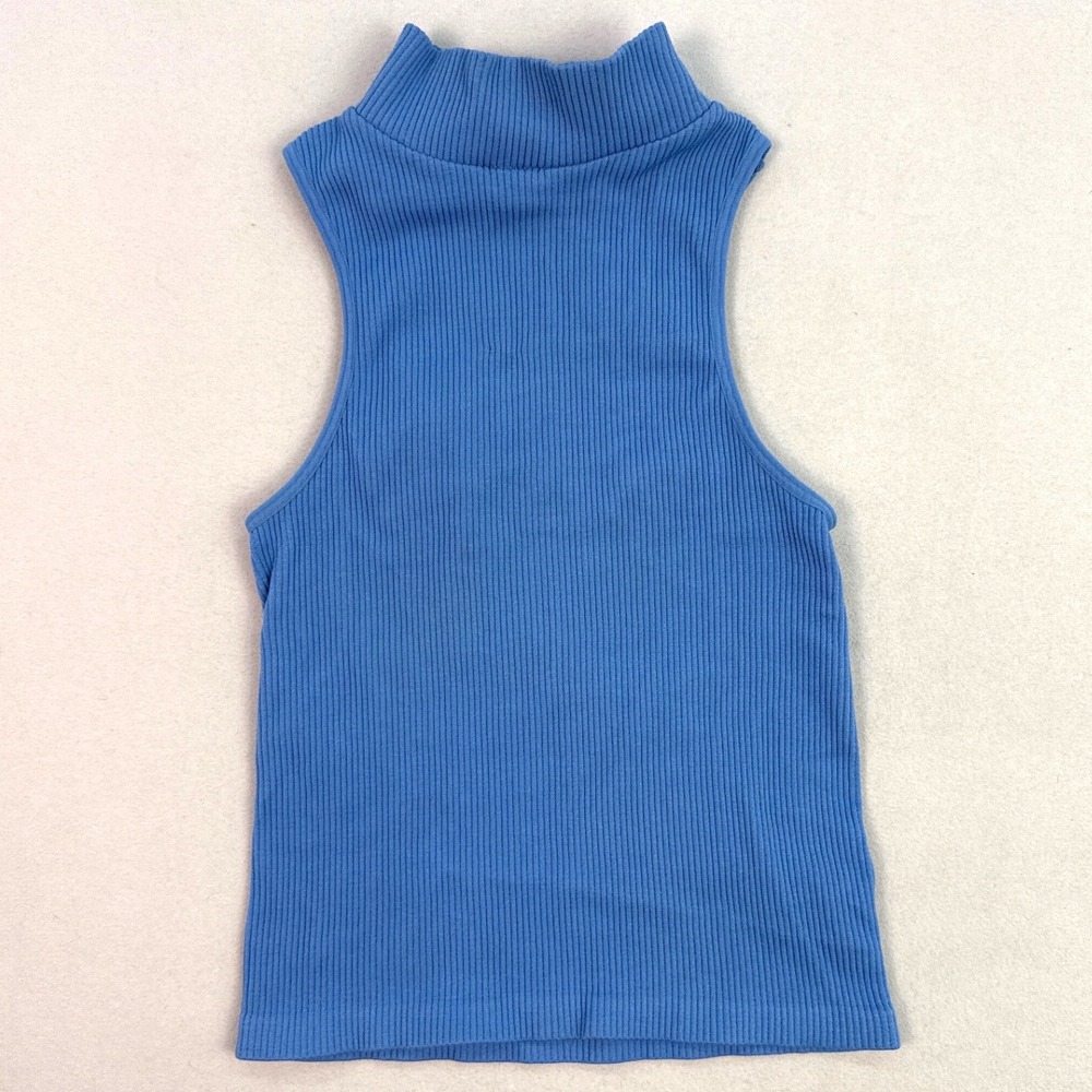 Suzette Collection Blue Ribbed Mock Neck Sleeveless Tank Top SM